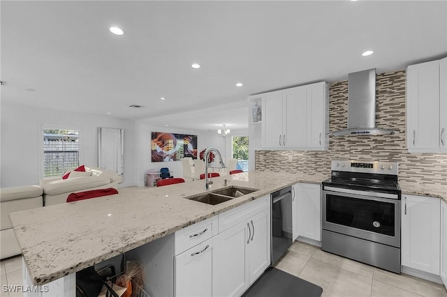 kitchen featuring sink, stainless steel range with electric stovetop, white cabinets, kitchen peninsula, and wall chimney exhaust hood