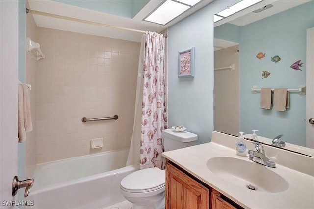 full bathroom with vanity, toilet, and shower / bath combination with curtain