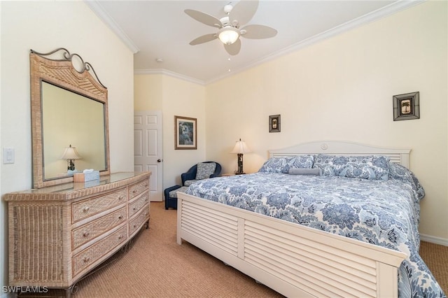 bedroom with ceiling fan, ornamental molding, and light colored carpet