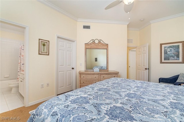 tiled bedroom with ceiling fan, connected bathroom, and crown molding