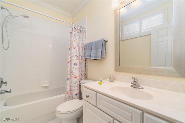 full bathroom with toilet, vanity, crown molding, and shower / tub combo