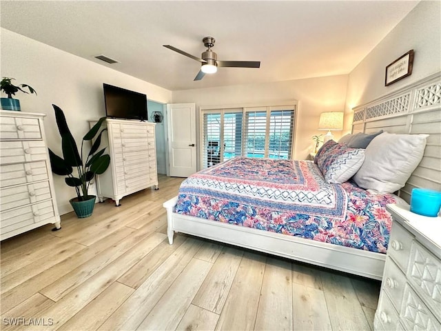 bedroom featuring ceiling fan and light hardwood / wood-style floors