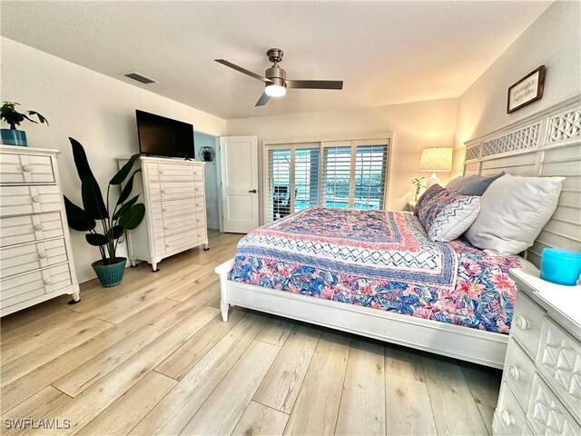 9553 Campbell Cir, Naples, FL 34109 - bedroom with ceiling fan, visible vents, and light wood-style floors