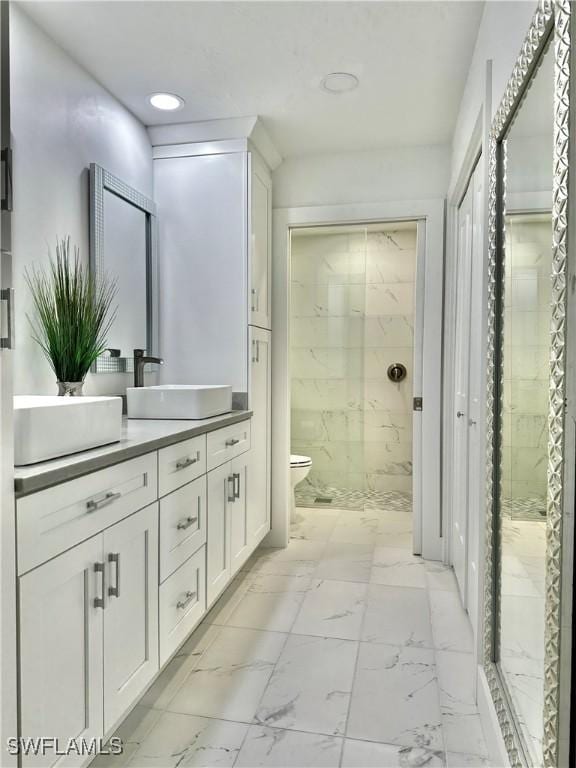 bathroom featuring a shower, vanity, and toilet