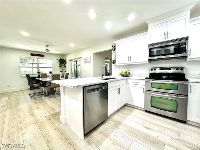 kitchen with white cabinetry, sink, kitchen peninsula, and appliances with stainless steel finishes