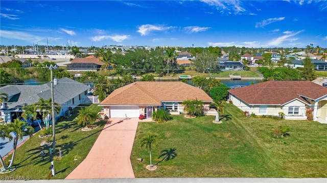 aerial view featuring a water view