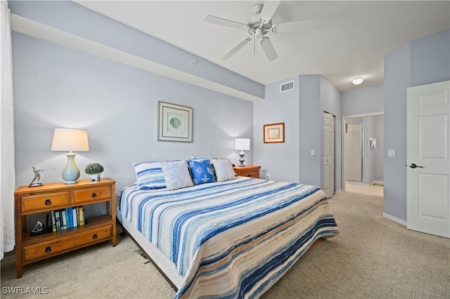 bedroom featuring carpet, a ceiling fan, and baseboards
