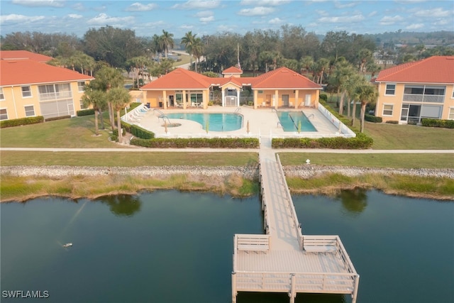 exterior space with a water view