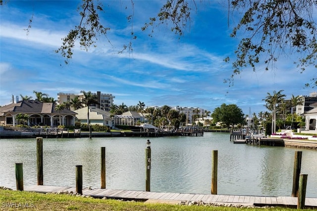 property view of water with a dock