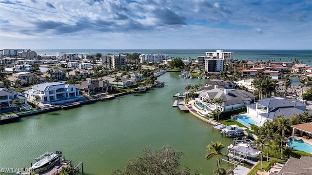 aerial view featuring a water view