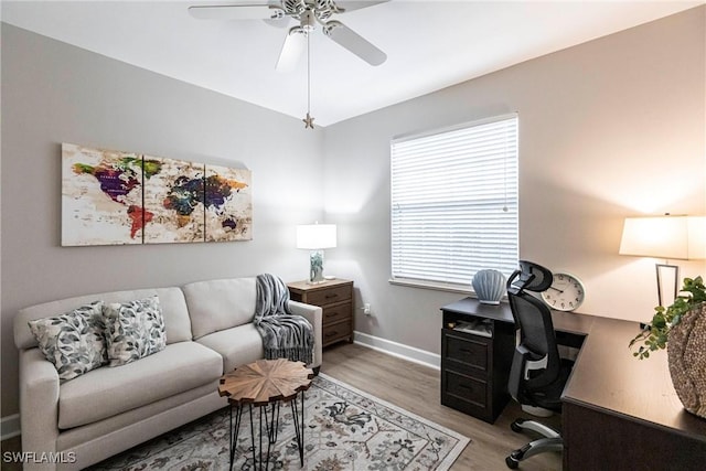 office featuring ceiling fan and light hardwood / wood-style floors