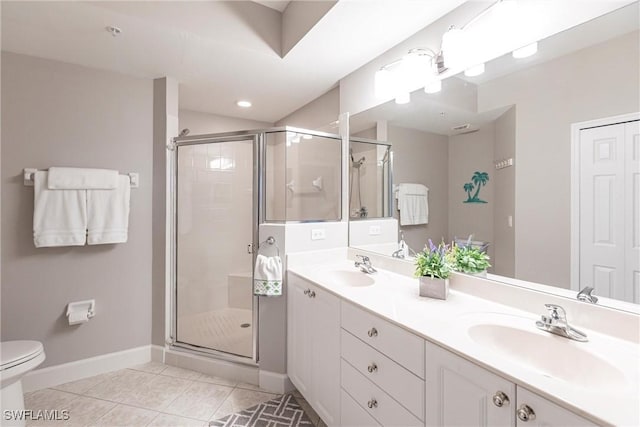 bathroom featuring tile patterned flooring, an enclosed shower, vanity, and toilet