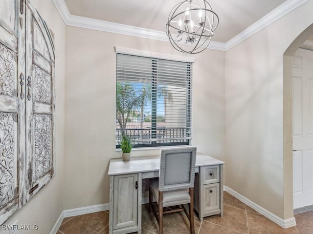 office featuring crown molding, a chandelier, and light tile patterned flooring