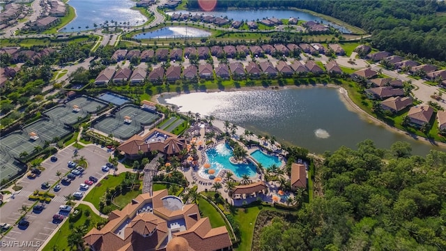 drone / aerial view with a water view