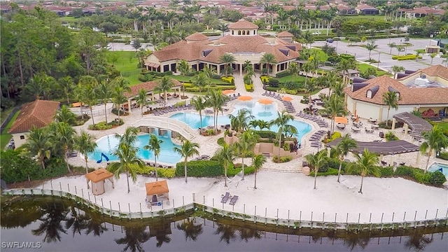 drone / aerial view featuring a water view