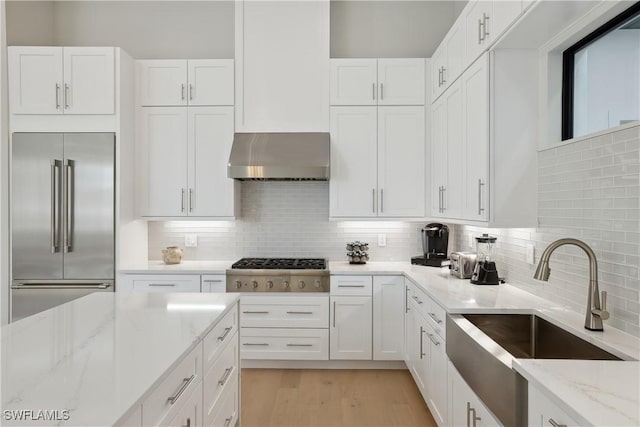 kitchen with decorative backsplash, white cabinetry, and appliances with stainless steel finishes