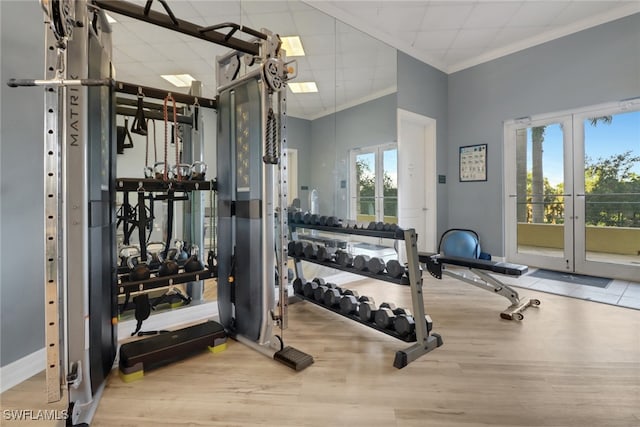 exercise room with crown molding, french doors, and light wood-type flooring