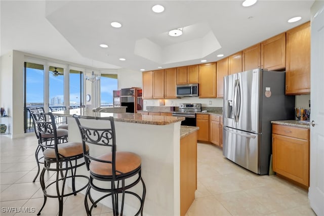 kitchen with an island with sink, a kitchen breakfast bar, a tray ceiling, stainless steel appliances, and light stone countertops