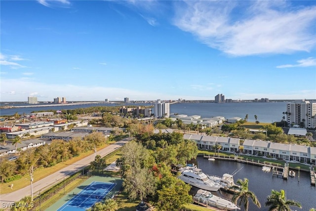 bird's eye view with a water view