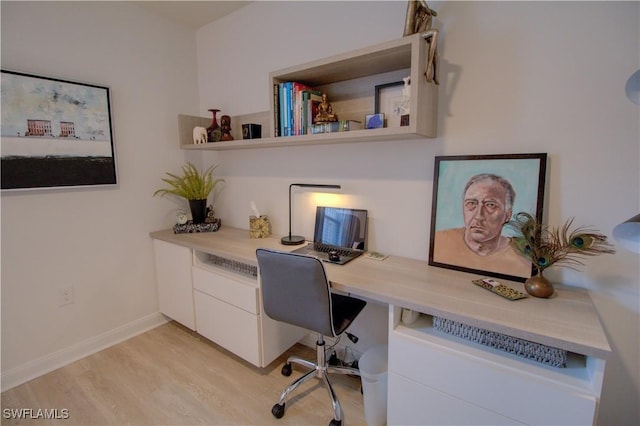 office area featuring built in desk and light hardwood / wood-style flooring