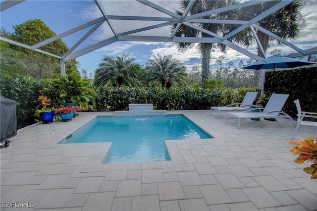 view of pool featuring a patio area, a lanai, and area for grilling