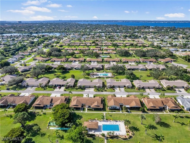 aerial view featuring a water view