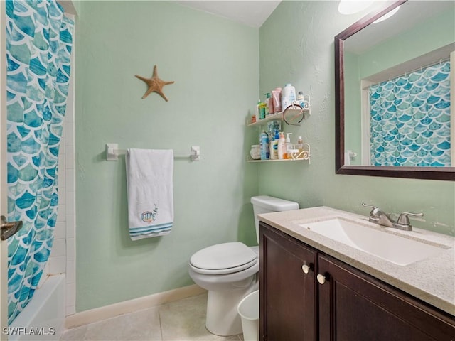 full bathroom featuring vanity, shower / bath combo, tile patterned flooring, and toilet