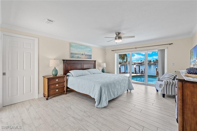 bedroom with ceiling fan, access to outside, ornamental molding, and light hardwood / wood-style flooring