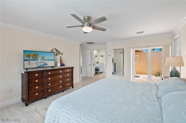 bedroom with ceiling fan, light hardwood / wood-style flooring, access to outside, and ornamental molding