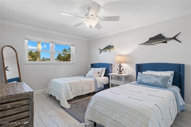 bedroom with ceiling fan, light wood-type flooring, and ornamental molding