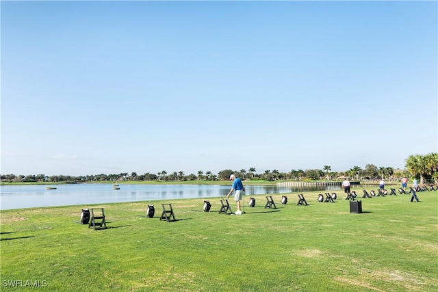 view of community featuring a water view and a yard