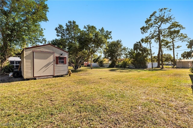 view of yard with a storage shed