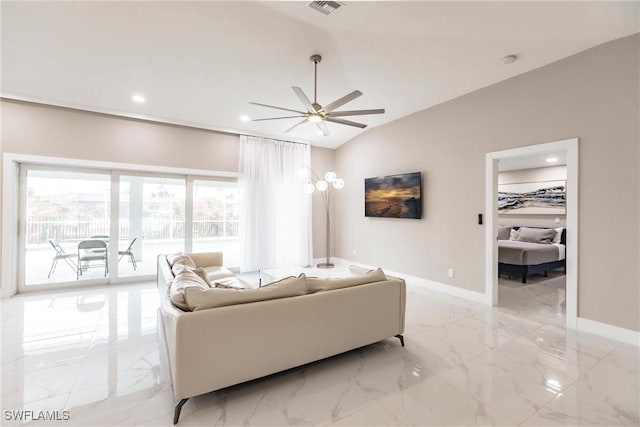 living room with lofted ceiling and ceiling fan