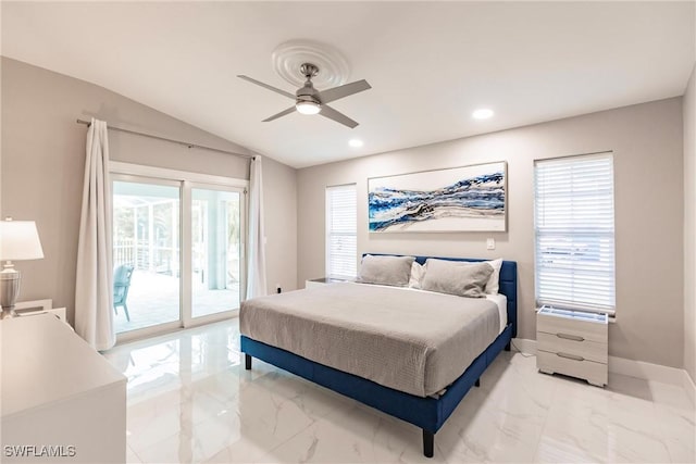 bedroom with vaulted ceiling, multiple windows, ceiling fan, and access to outside