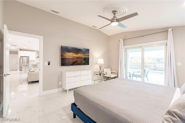 bedroom featuring ceiling fan, access to outside, lofted ceiling, and stainless steel refrigerator