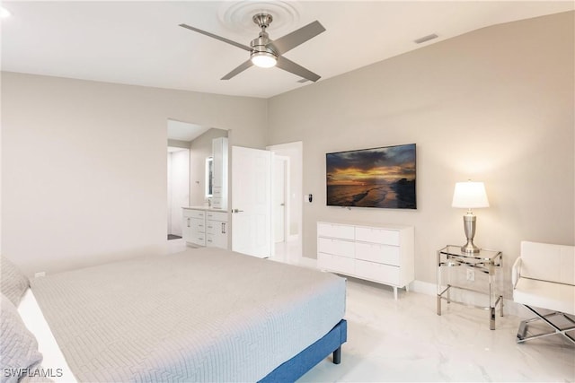 bedroom featuring ceiling fan and vaulted ceiling