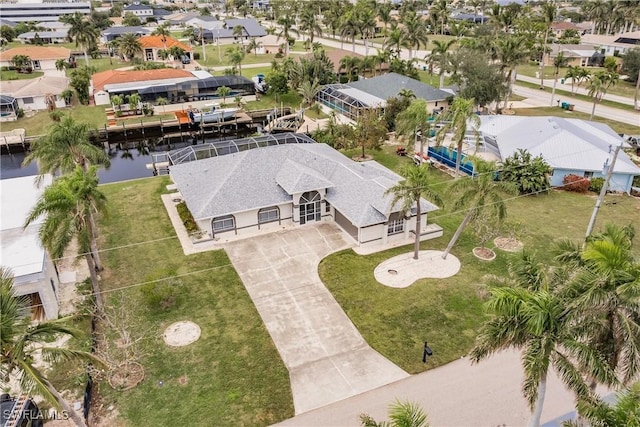 drone / aerial view featuring a water view