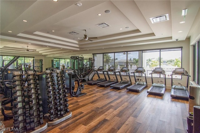 gym with ceiling fan, wood-type flooring, and a tray ceiling