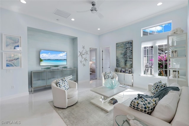 tiled living room featuring ceiling fan