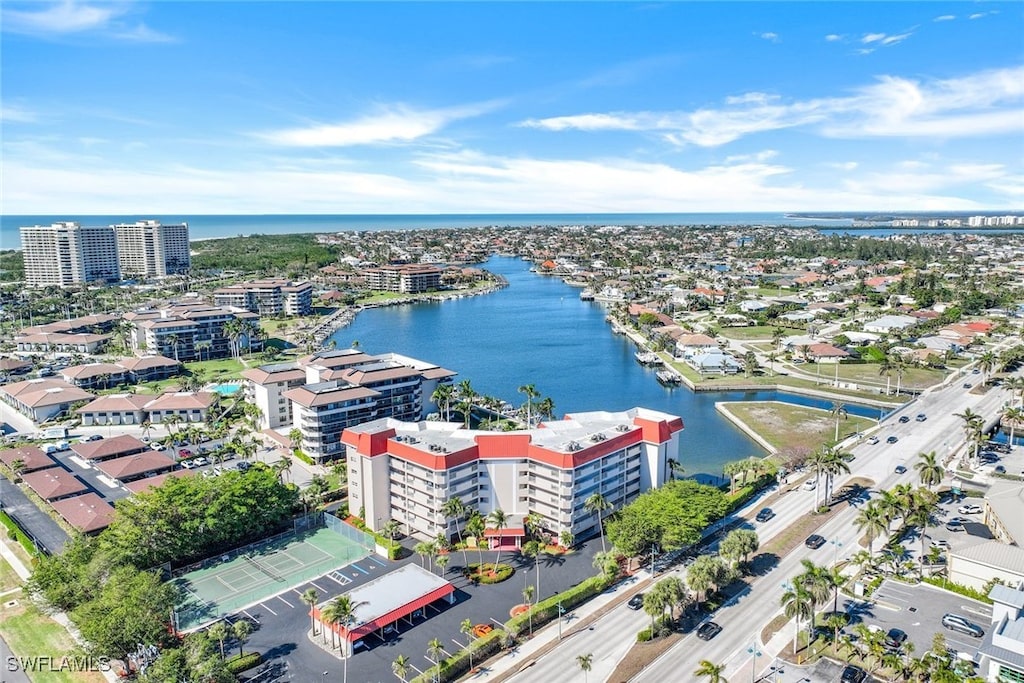 drone / aerial view featuring a water view