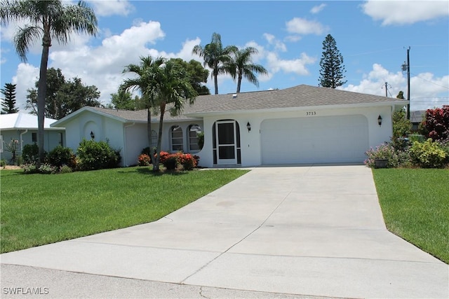 ranch-style house with a front lawn and a garage