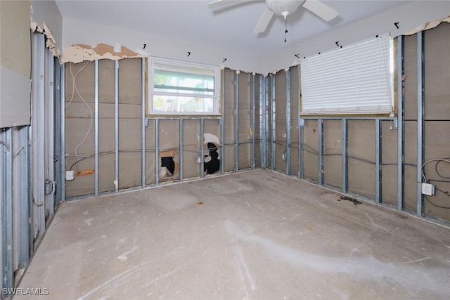 interior space with ceiling fan and concrete floors