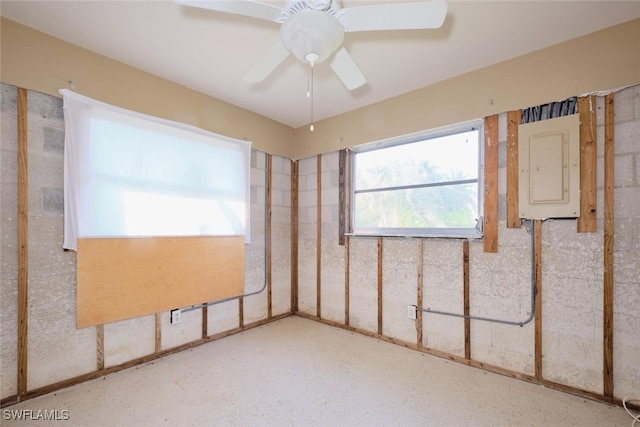 unfurnished room featuring ceiling fan and electric panel