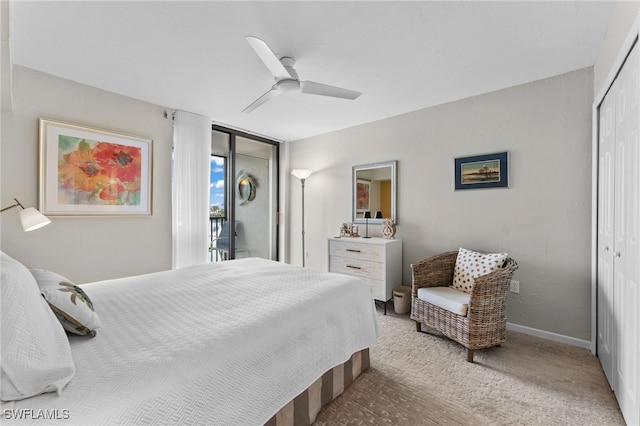 bedroom featuring ceiling fan, access to exterior, and a closet