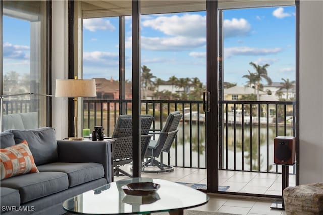 sunroom with a water view