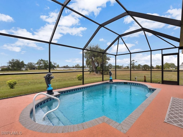 view of swimming pool with glass enclosure, a patio area, and a lawn