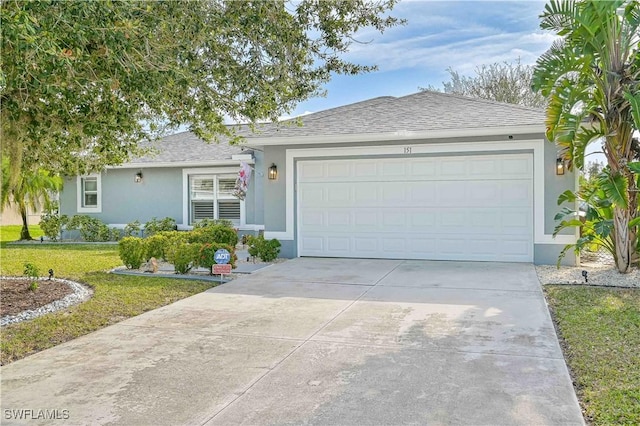 single story home featuring a garage and a front lawn