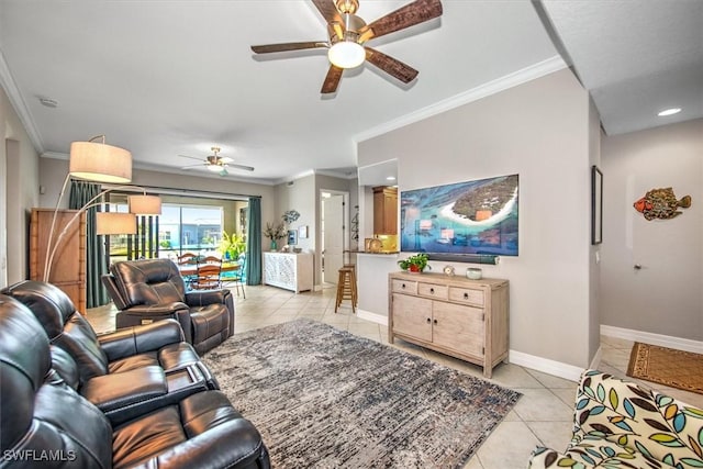 tiled living room featuring crown molding and ceiling fan