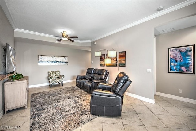 tiled living room with crown molding and ceiling fan