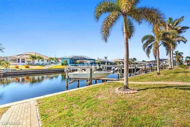 view of dock featuring a water view and a lawn